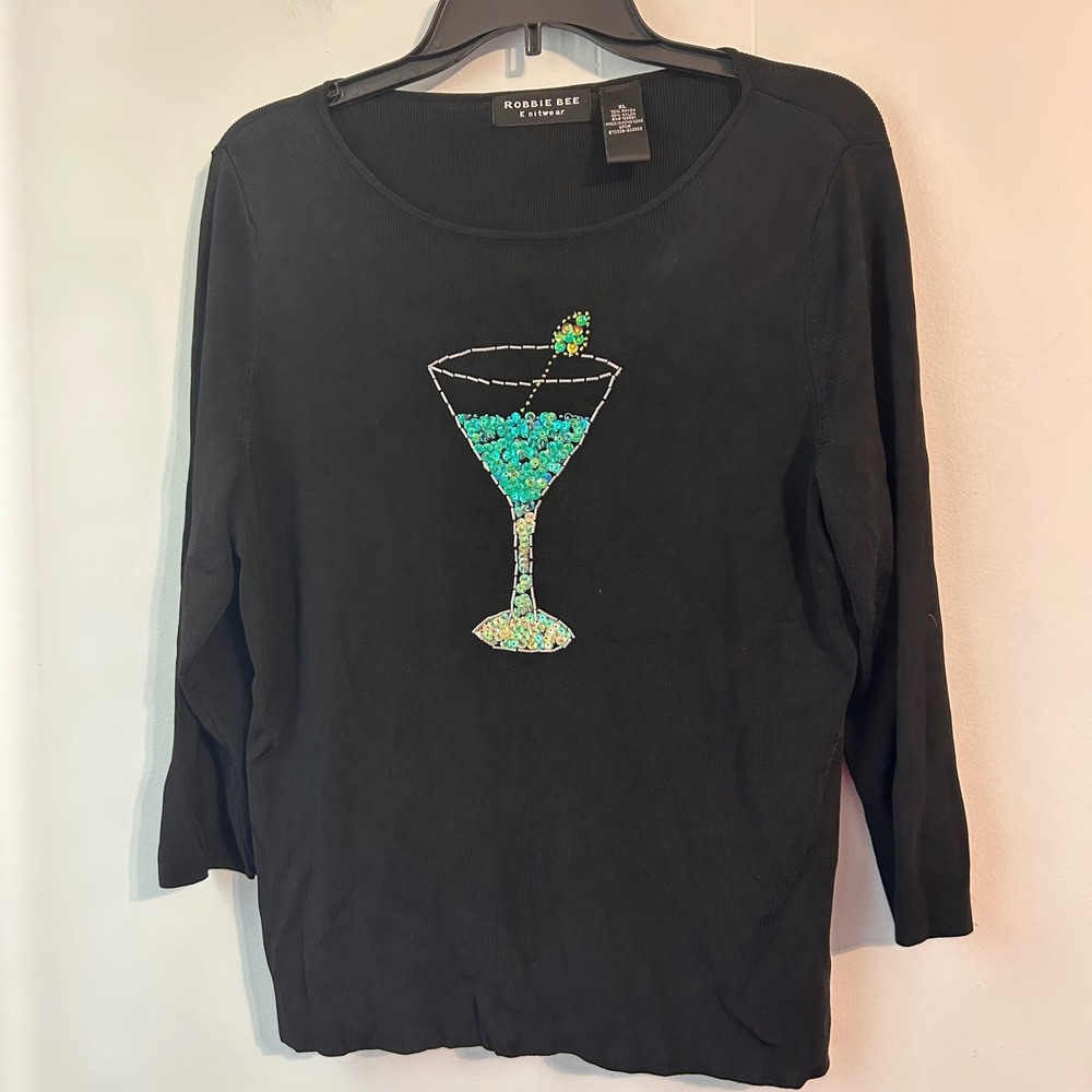 Robbie Bee Knitwear Womens XL Black Martini Glass Sequin Beaded Ribbed Sweater